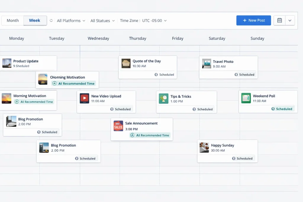 AI-powered social media scheduling calendar with recommended posting times