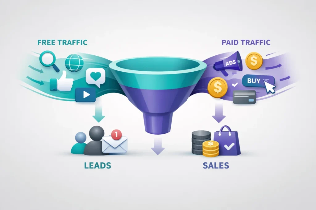 illustration showing free and paid traffic flowing into a marketing funnel for leads and sales