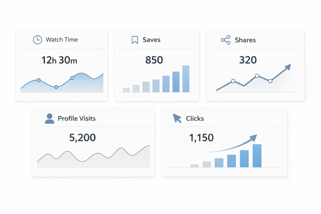 Analytics dashboard showing next-action metrics like saves, shares, and clicks for social media in 2026