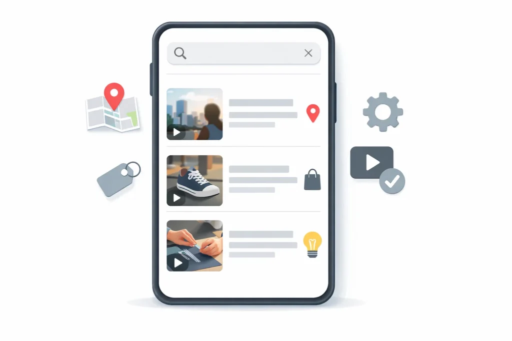 Smartphone search results showing short videos and posts as social search grows in 2026