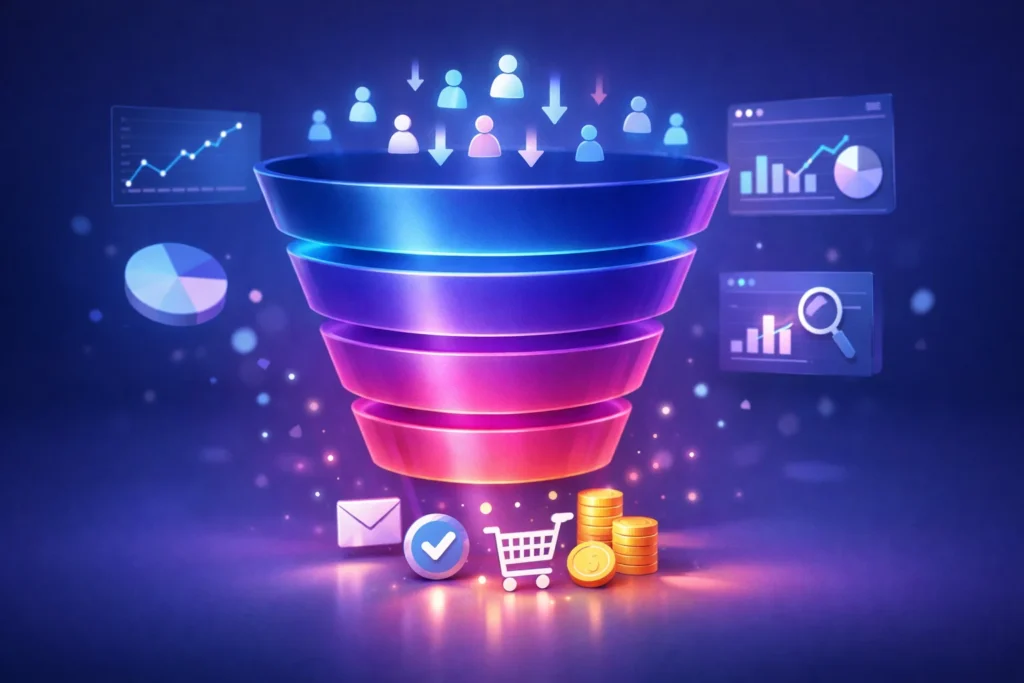 marketing funnel showing how website traffic converts into leads and sales